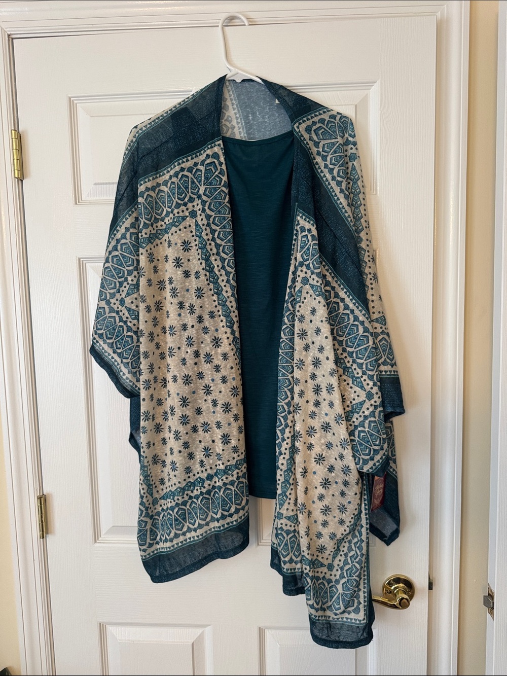 Teal and Cream Patterned Open Kimono Cardigan